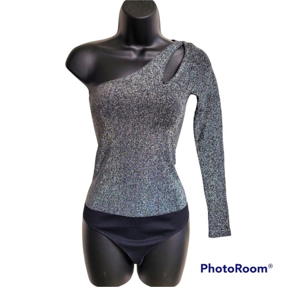 Bebe Black And Silver Asymmetrical Sparkling One Shoulder Body Suit Size Small
